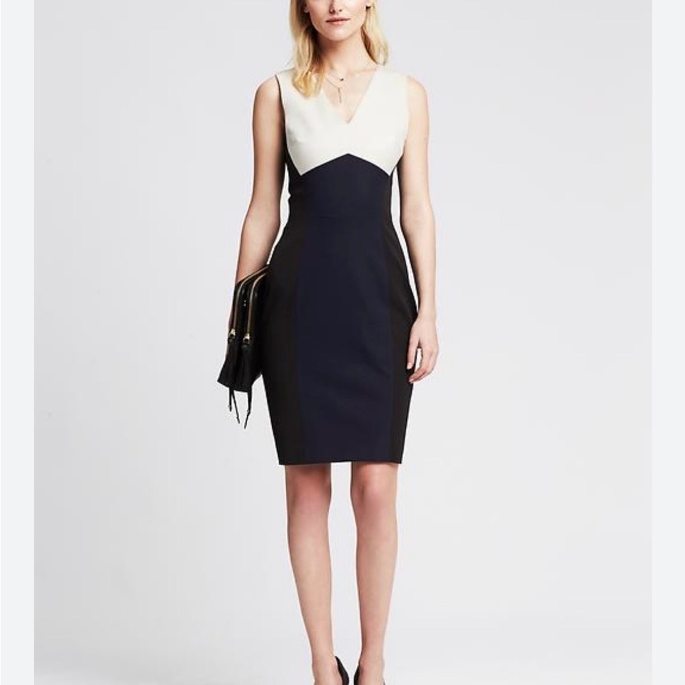 Banana Republic Colorblock Sheath Dress Open Back Navy Black White Petite 2P